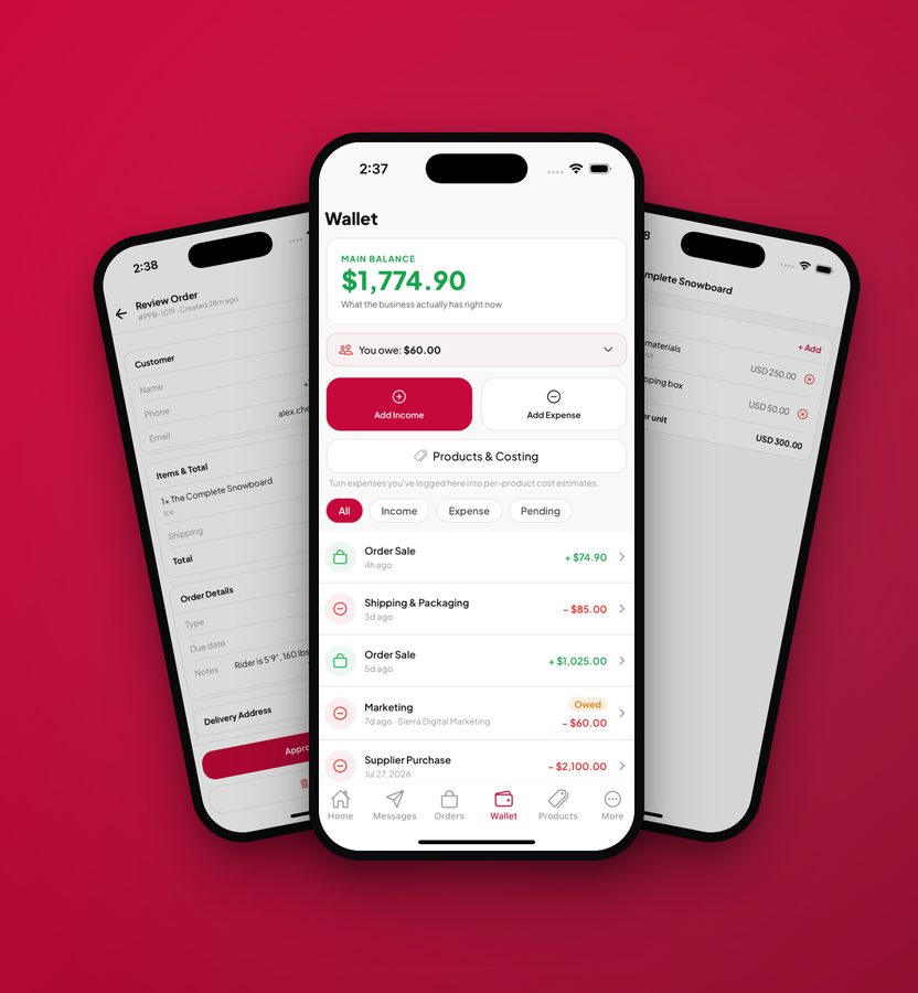 DMNexa wallet and order review screens on iPhone