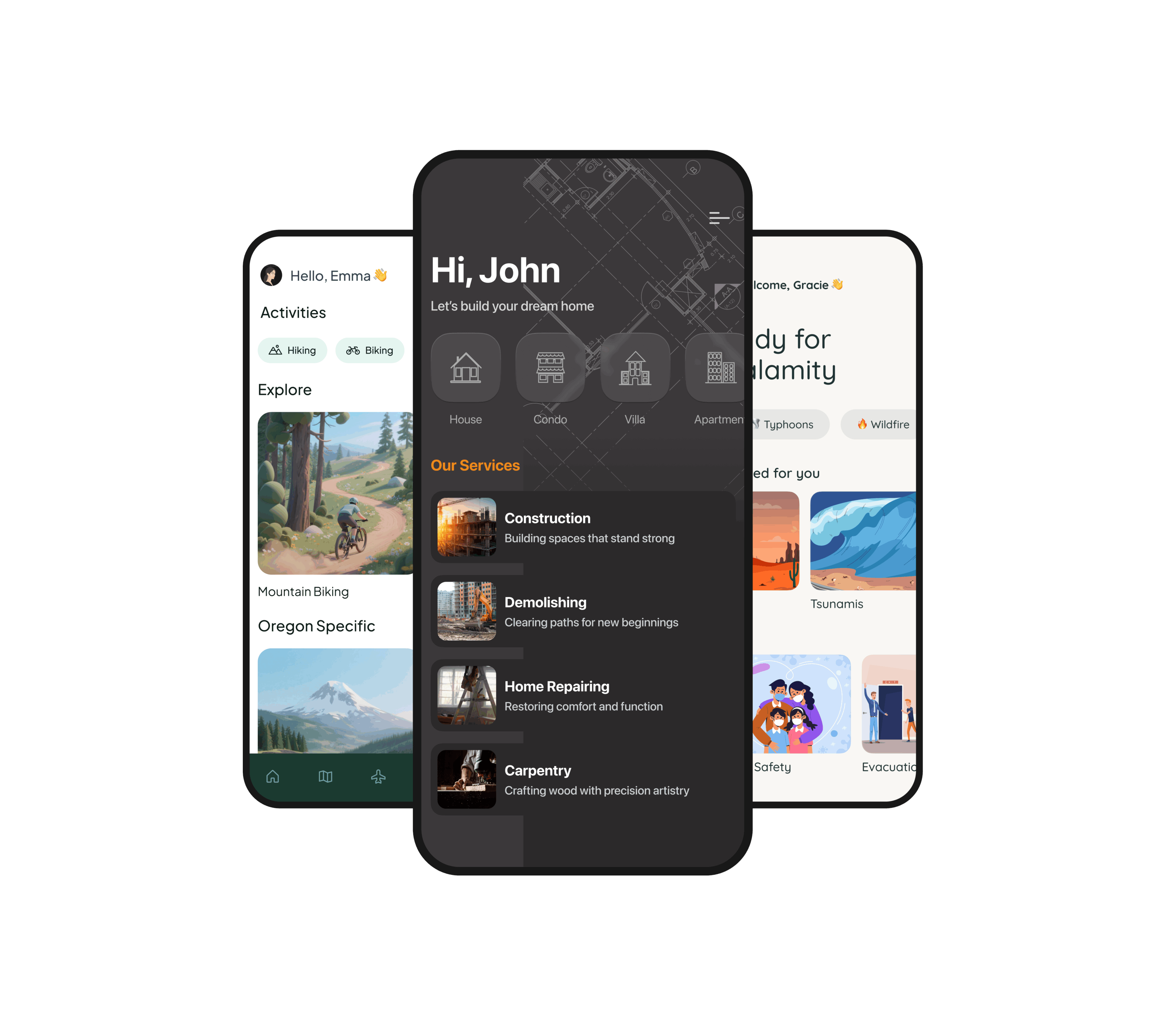 Three BuildFire-powered apps shown on phone mockups