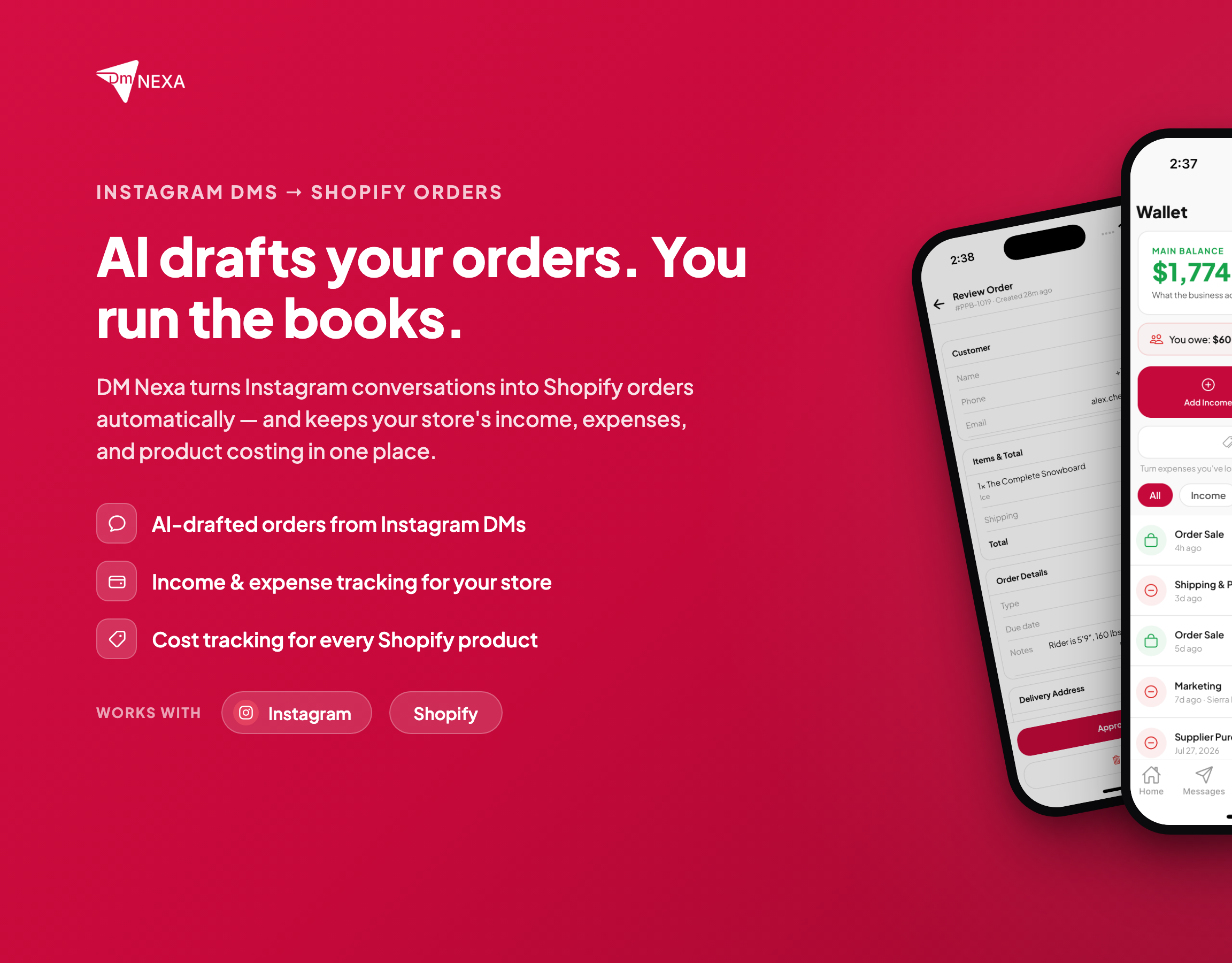 DMNexa app screenshots — Instagram DMs turned into structured Shopify orders