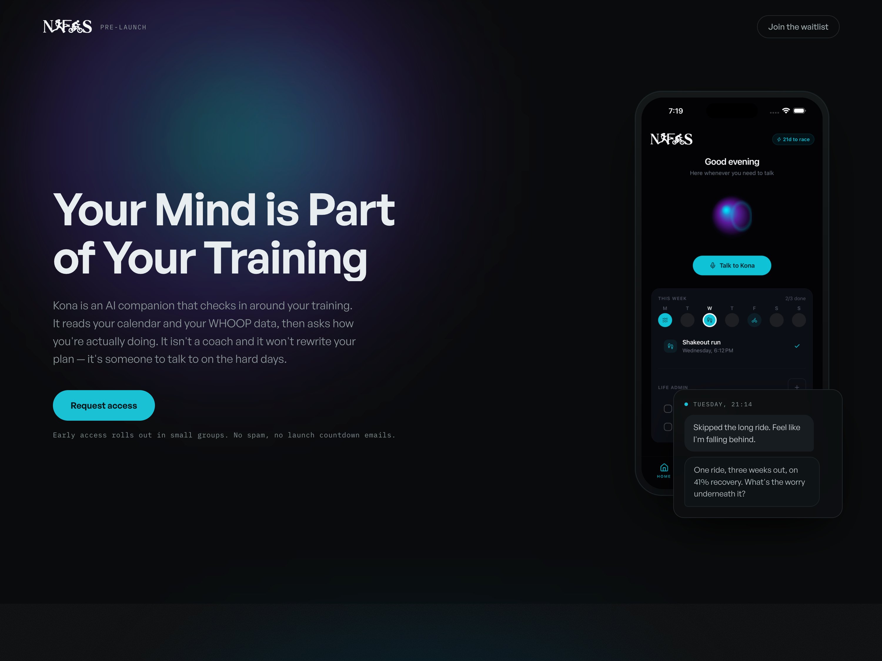 NAFAS Health pre-launch homepage — Kona AI training companion app preview