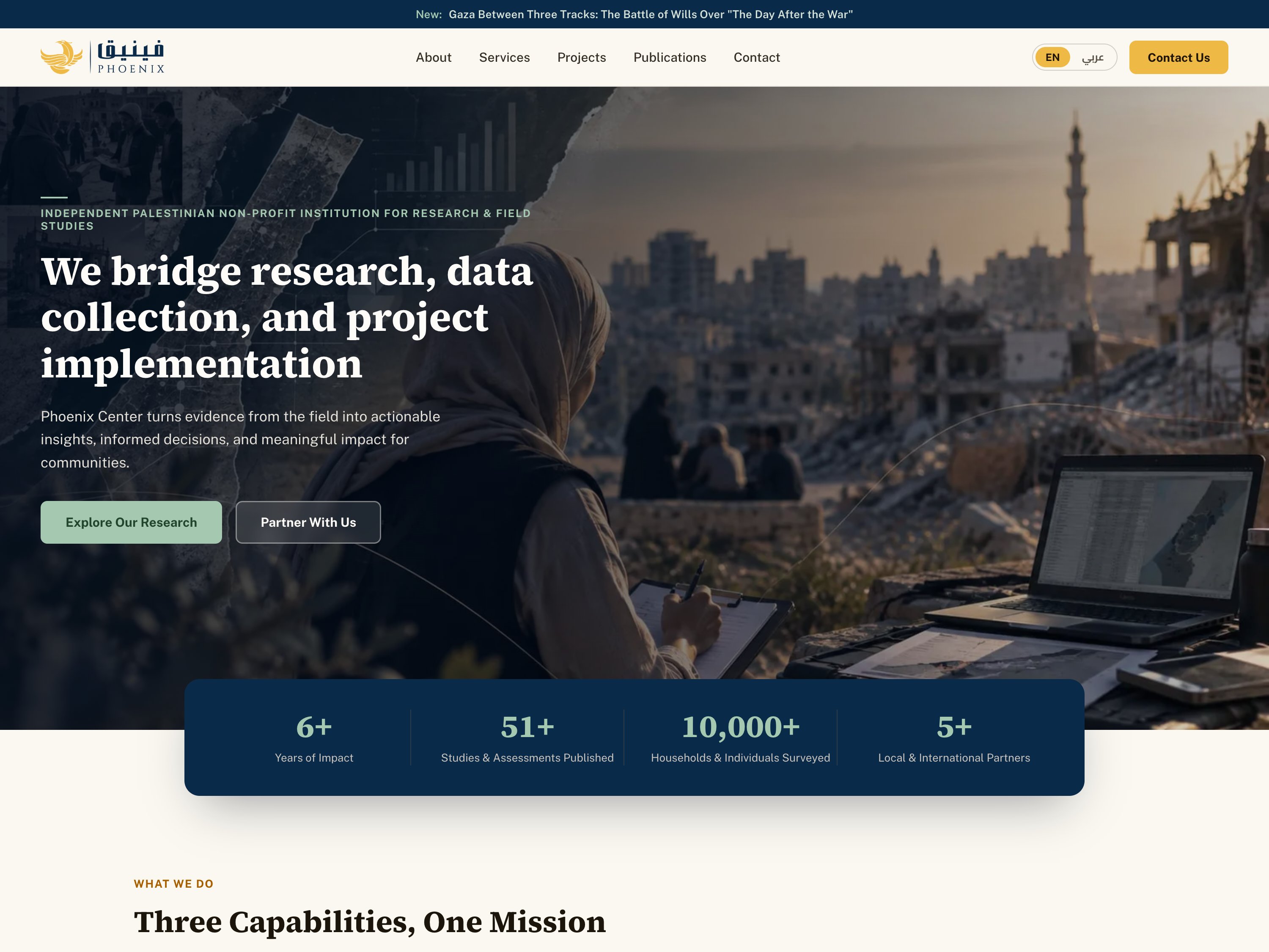 Phoenix Center homepage — field researcher documenting a damaged neighborhood