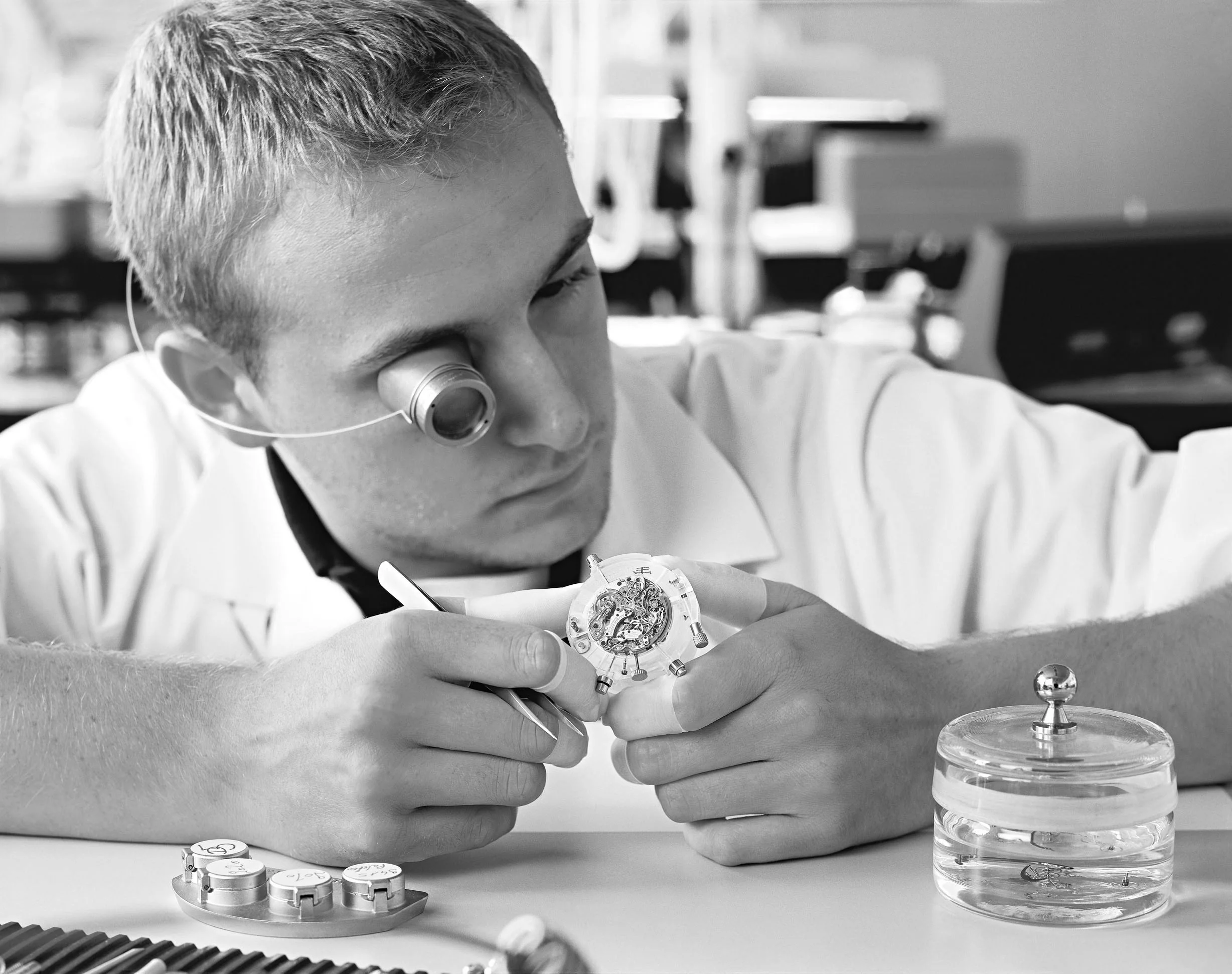 Time Center watchmaker at work, close-up